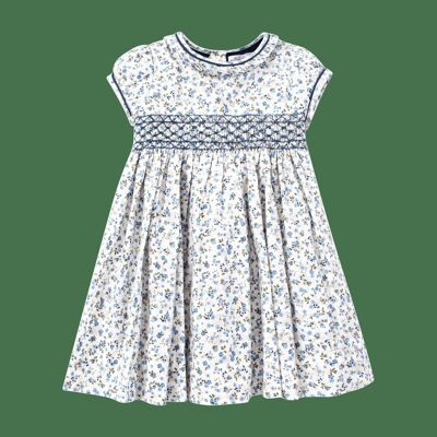 Gesmoktes Kleid mit blauem Blumendruck