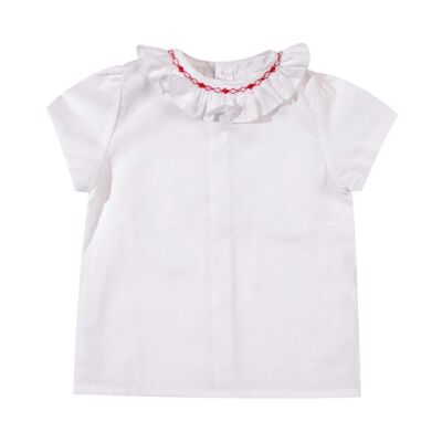 White shirt with short sleeves and collar with red smocked ruffles