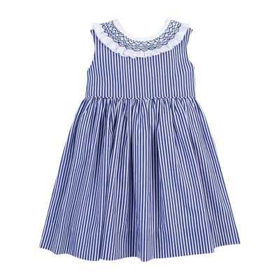 Navy striped dress with smocked flounce collar