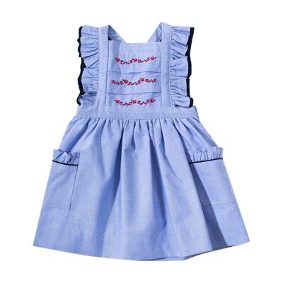 Apron dress in hand-embroidered blue chambray