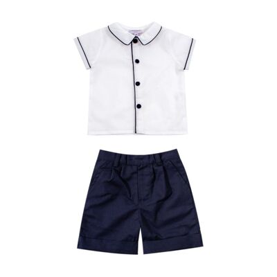 Completo da bambino composto da pantaloncini blu scuro e camicia bianca