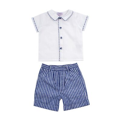 Denim blue striped linen shorts set for boys