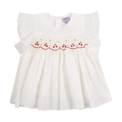 White smocked blouse with cherry embroidery