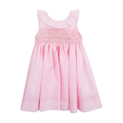Pink striped smocked dress with flounced collar