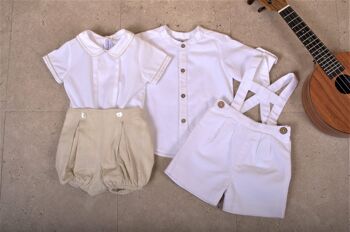 Ensemble bébé bloomer en lin beige et chemise blanche 4