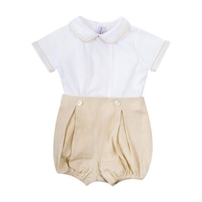 Baby bloomer set in beige linen and white shirt