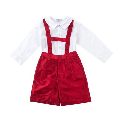 Red silk dungarees with H straps. Last size 2A
