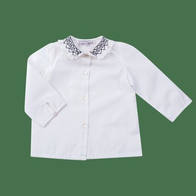 White poplin shirt with navy embroidered collar