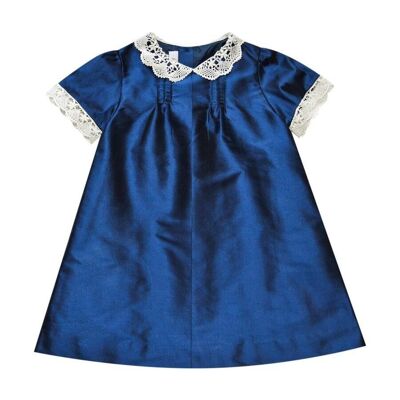 Trapeze dress in navy silk with embroidered collar. Last sizes 5A and 6A