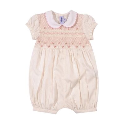 White smocked romper with thin stripes