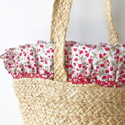Raffia basket with red tulip fabric and smocked ruffles