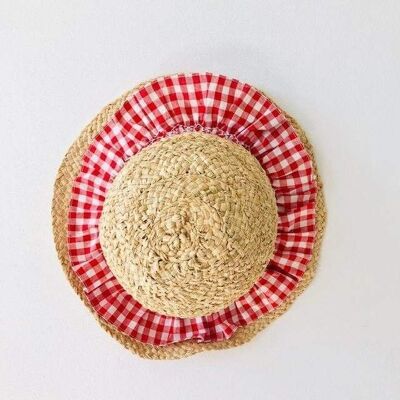 Red gingham embroidered raffia hat