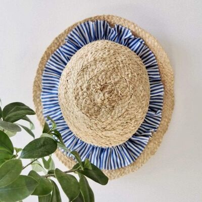 Raffia hat embroidered with blue stripes