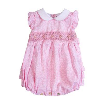 Smocked romper with small pink print and peter pan collar