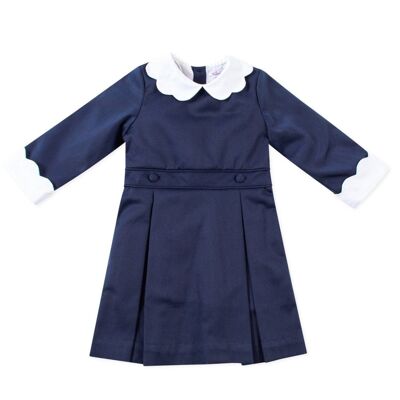 Dress with box pleats, scalloped collar and sleeves