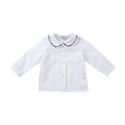 White poplin blouse with blue embroidered flounce collar
