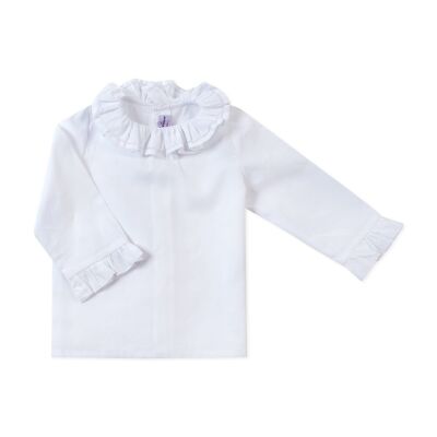 Blouse en popeline blanche à col volant ajouré