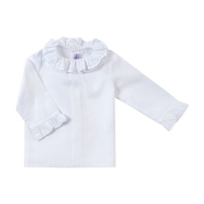 White poplin blouse with openwork flounced collar