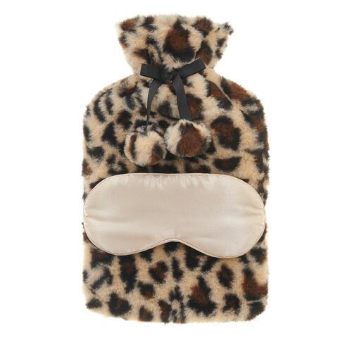 Leopard Faux Fur Hot Water Bottle & Satin Eye Mask Set