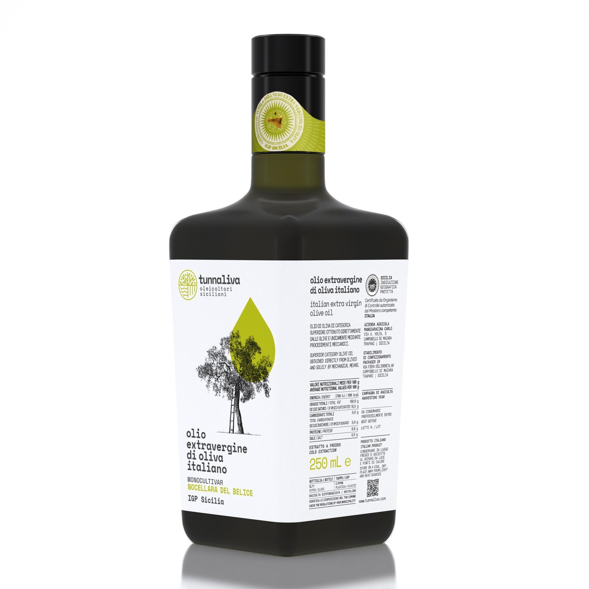 EVO Oil Tunnaliva - Italian Extra Virgin Olive Oil - 100% Nocellara del Belice - IGP Sicily - 250 mL bottle