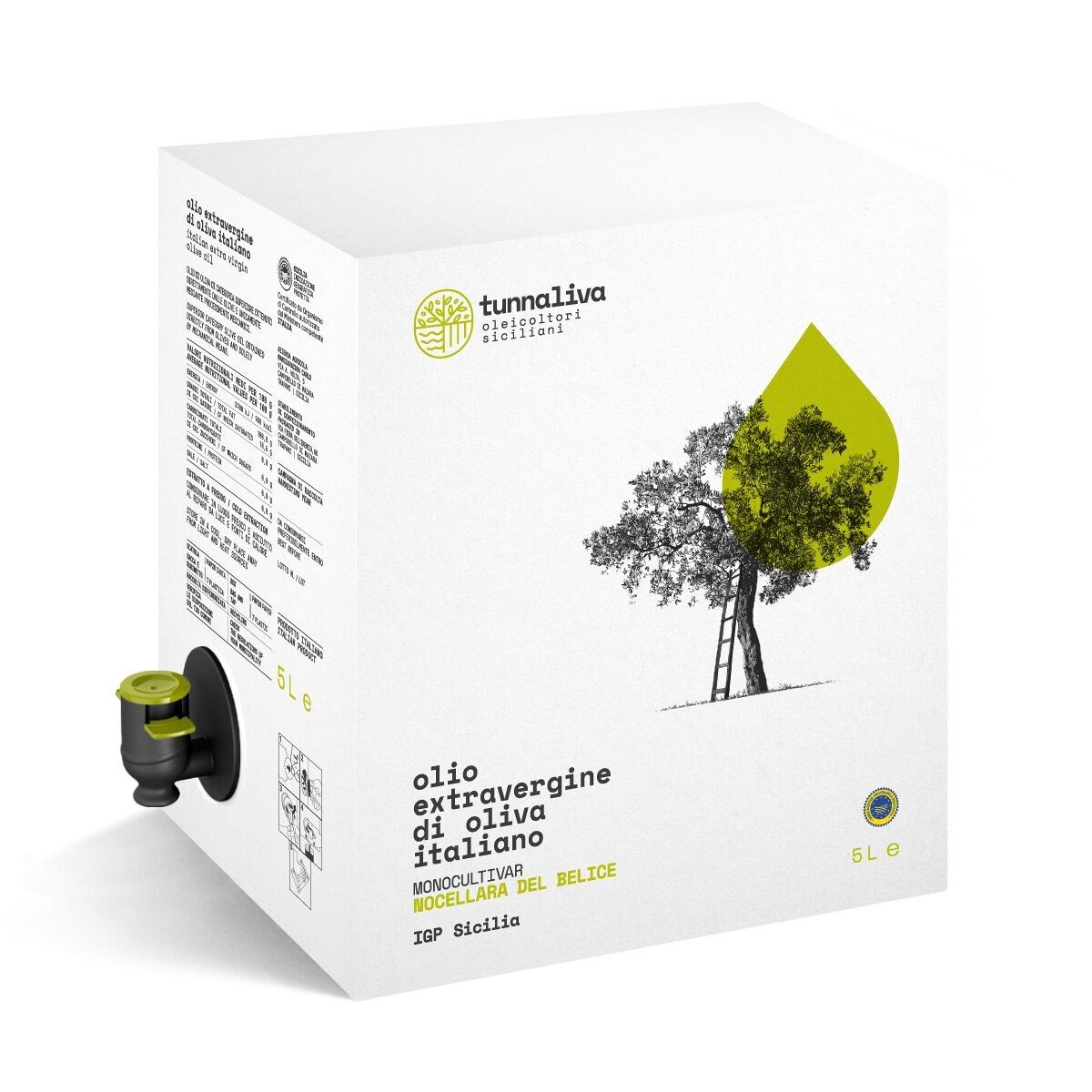 EVO Oil Tunnaliva - Italian Extra Virgin Olive Oil - 100% Nocellara del Belice - IGP Sicily - Bag-in-box 5 L