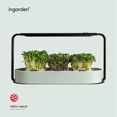 ingarden Microgreens cultivation set | Automatic 4-Stage LED Grow Lights & Hydroponic Irrigation System | Steel frame & ceramic bowl [Mint]