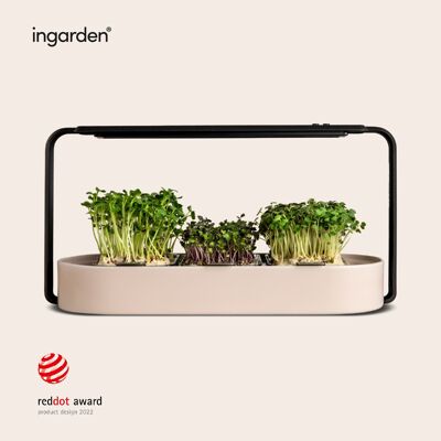 set de cultivo de microgreens para jardín | Sistema de riego hidropónico y luz de cultivo LED automático de 4 etapas | Estructura de acero y cuenco de cerámica [Beige]