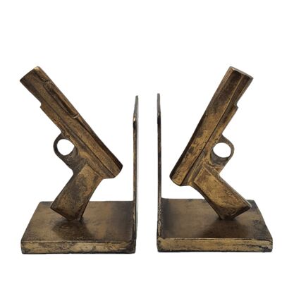 Buchstützen – Heimdekoration – Gun „Bond“ – Metall – Antik-Messing glänzend – 18,5 cm Höhe