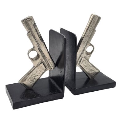 Buchstützen – Heimdekoration – Gun „Bond“ – Metall – Altmetall/Schwarz – 18,5 cm Höhe