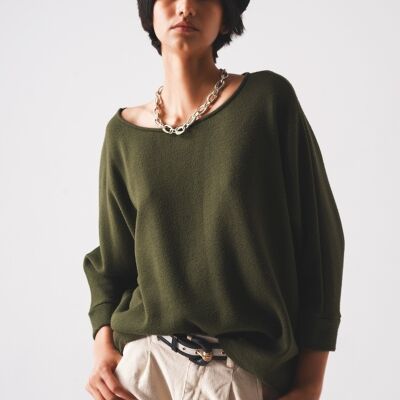 Boat neck batwing sweater in khaki