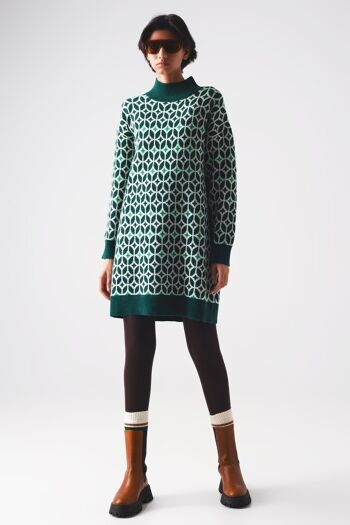 Mini-robe pull en maille à col montant à motif géo vert 3