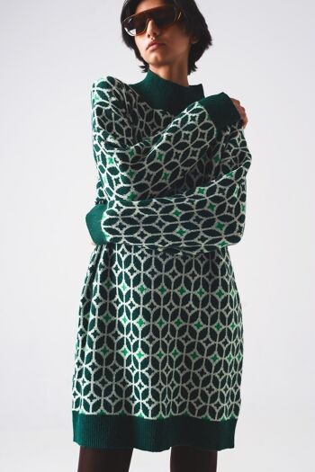 Mini-robe pull en maille à col montant à motif géo vert 5