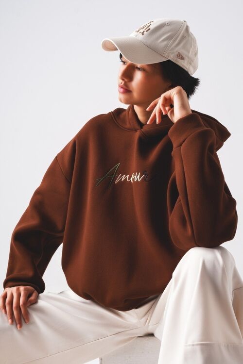 Oversized hoodie in brown with amour embroidery