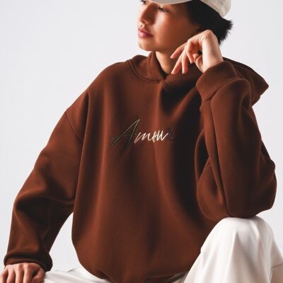 Oversized hoodie in brown with amour embroidery