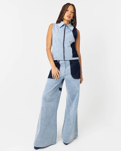Lost & Found Mid Rise Wide Leg Fit Patchwork Denim Jeans In Blue