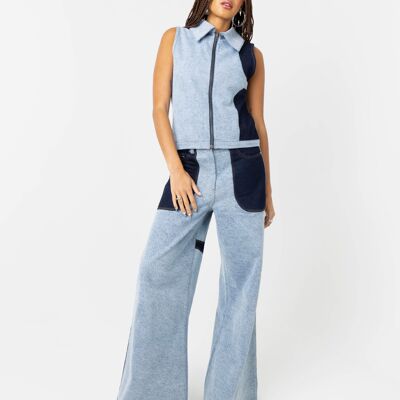 Lost & Found Mid Rise Wide Leg Fit Patchwork Denim Jeans In Blue