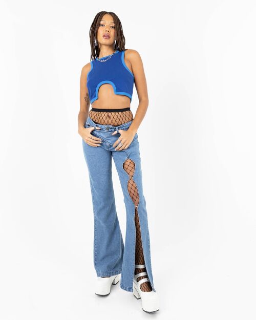 Blade Low Waist Flared Denim Jeans With Cut Out In Blue