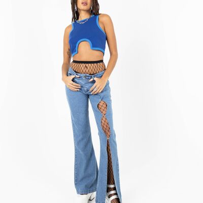 Blade Low Waist Flared Denim Jeans With Cut Out In Blue