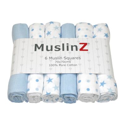 MuslinZ, paq. De 6, 100% algodón, cuadros de muselina, estrellas azul pálido