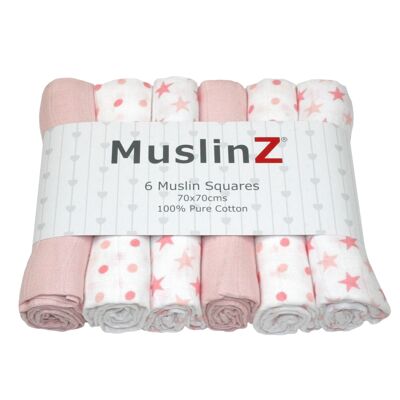 MuslinZ 6pk 100% Mussola di Cotone Quadrati Stelle Rosa Pallido