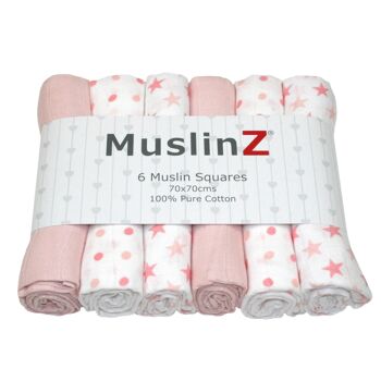 MuslinZ 6pk 100 % coton carrés de mousseline étoiles rose pâle 1