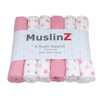 MuslinZ 6pk 100% Cotton Muslin Squares Pink Stars