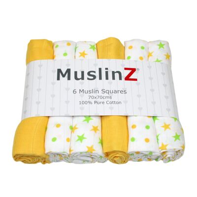 MuslinZ Paq. De 6 cuadros de muselina 100% algodón Estrellas amarillas y verdes