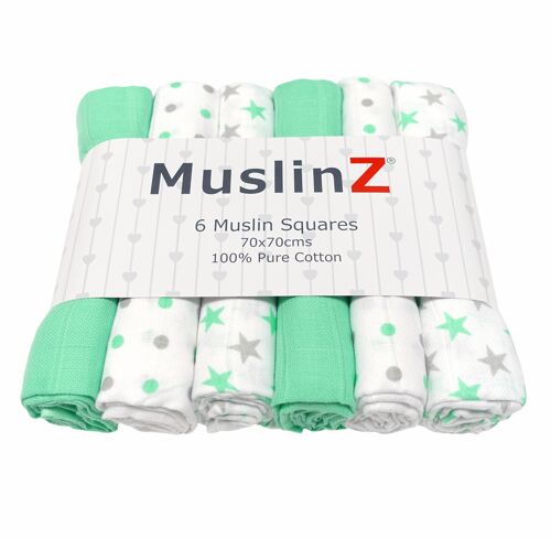 MuslinZ 6pk 100% Cotton Muslin Squares Mint & Grey Stars