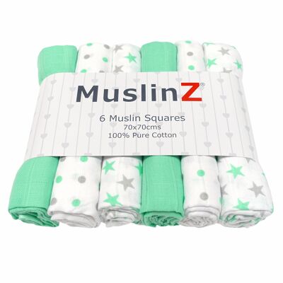 MuslinZ 6er Pack 100% Baumwolle Musselin Quadrate Mint & Graue Sterne