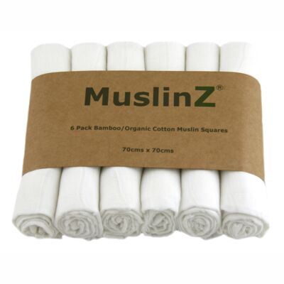 MuslinZ Cuadrados de muselina de bambú / algodón orgánico, 6 paq., Blanco