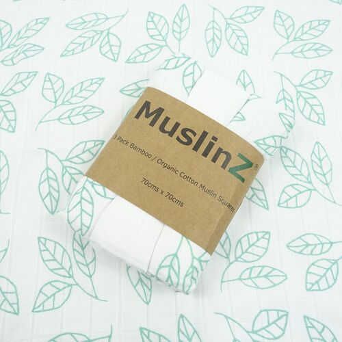 MuslinZ 3pk Bamboo/Organic Cotton Muslin Squares Aqua Leaf Print