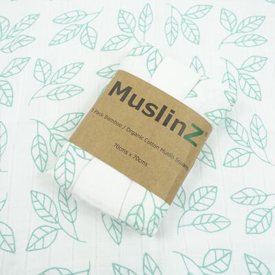 MuslinZ Cuadrados de muselina de bambú / algodón orgánico con estampado de hojas de aguamarina, paquete de 3