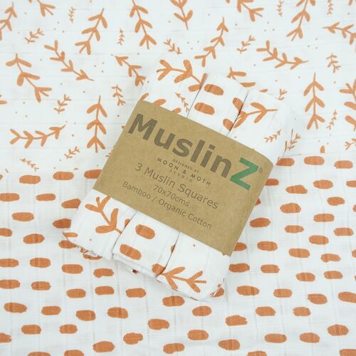 MuslinZ 3pk Bamboo/Organic Cotton Muslin Squares Laurel Leaf and Spot Print