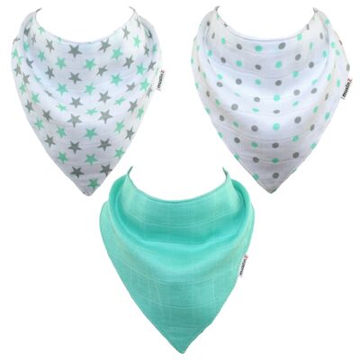 MuslinZ 3pk 100% Cotton Dribble Bibs Mint/Grey Stars